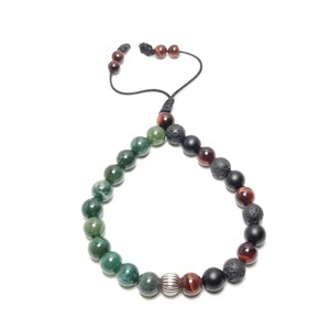 Open image in slideshow, 8mm bracelet Two Tone Silver, Moss Agate, Red Tiger Eye, Lava stone, and Black Onyx
